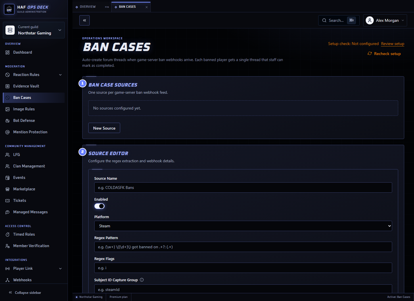 Ban Cases dashboard with source, extraction, and forum settings numbered