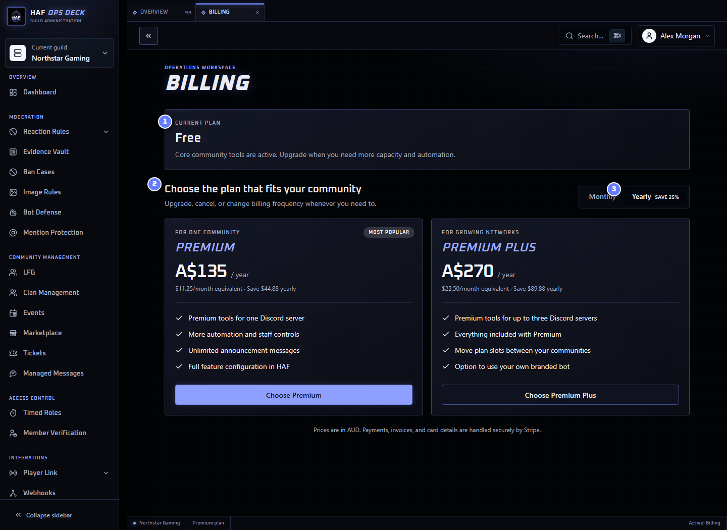 Billing dashboard with current plan, plan comparison, and frequency controls numbered