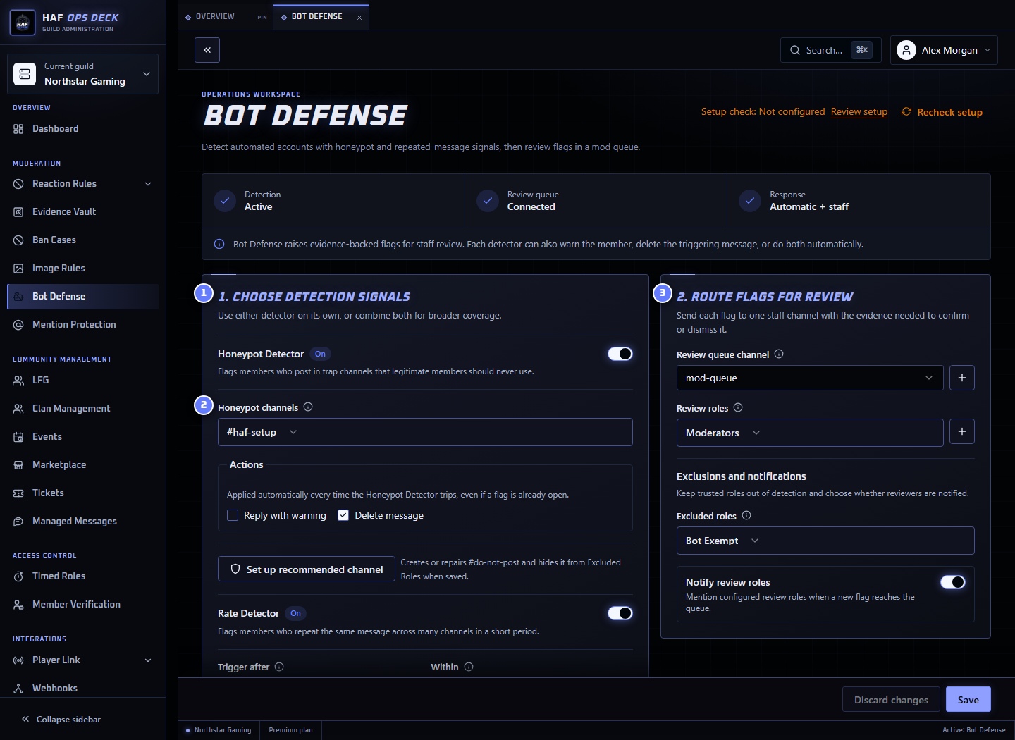 Bot Defense dashboard with detection and review setup numbered