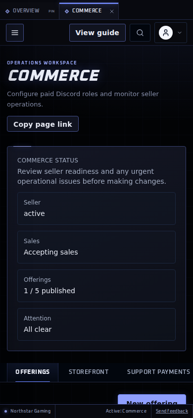 Commerce dashboard on a narrow screen with horizontally scrollable settings tabs