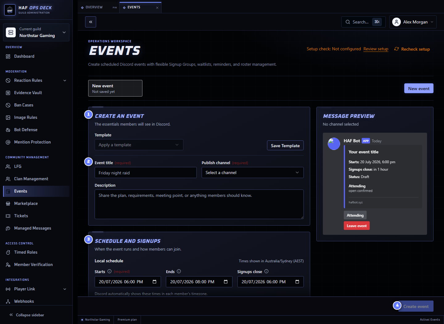 Events dashboard with event details and scheduling areas numbered