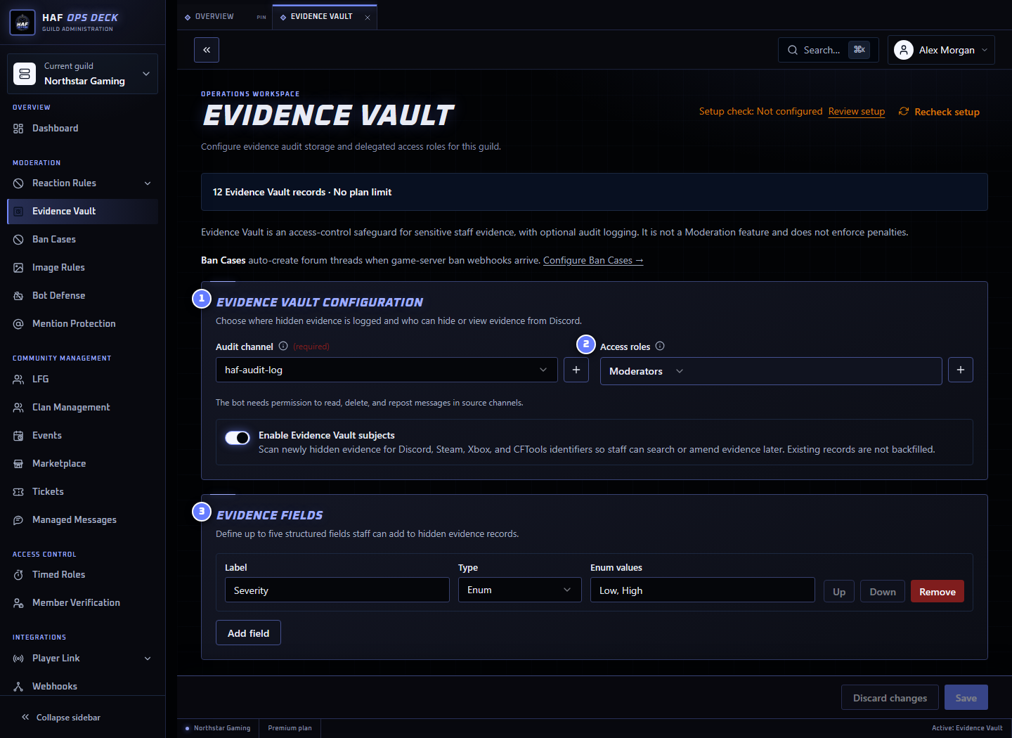 Evidence Vault dashboard with access and custom field settings numbered