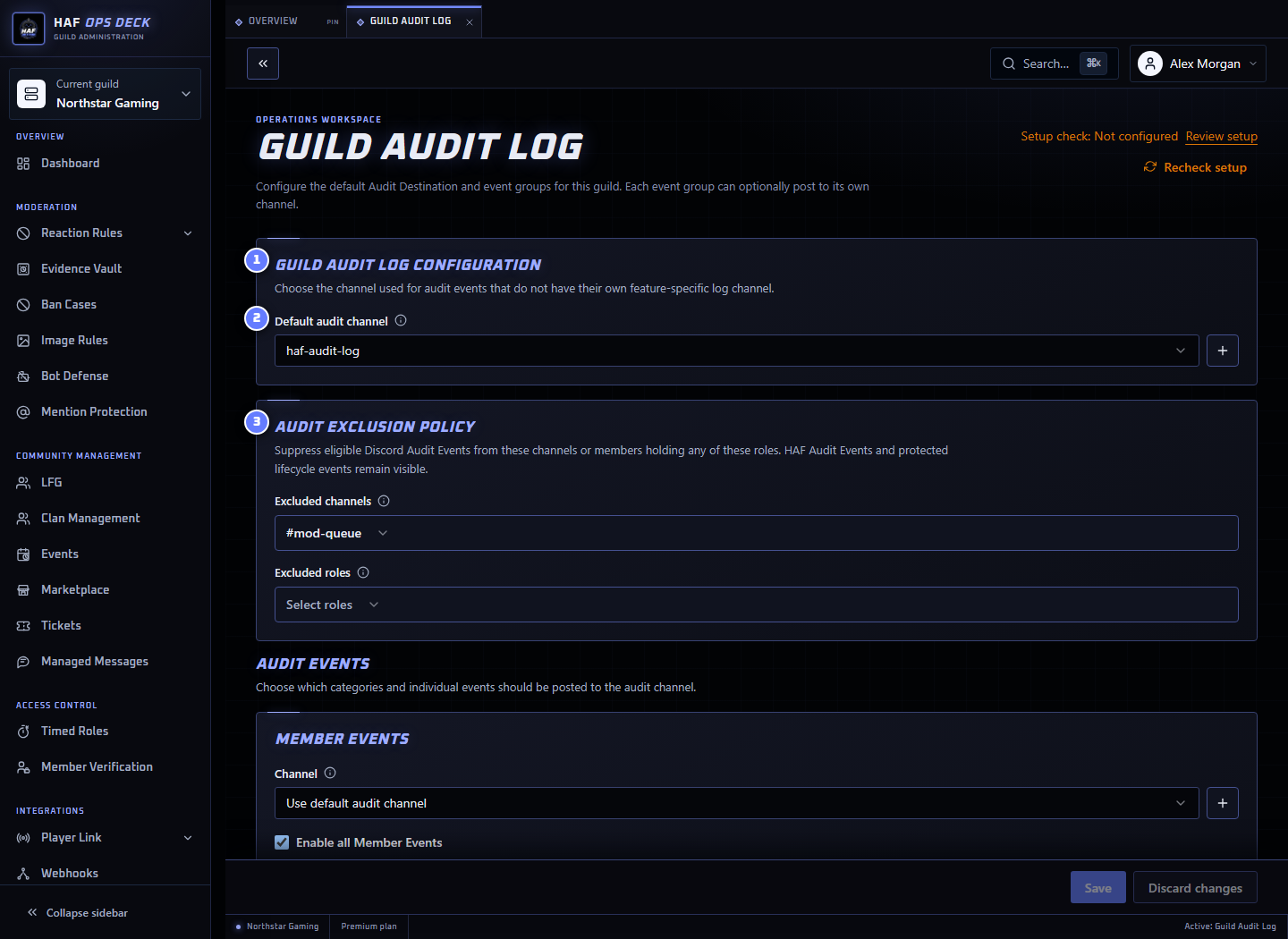Guild Audit Log dashboard with its destination and exclusion policy numbered
