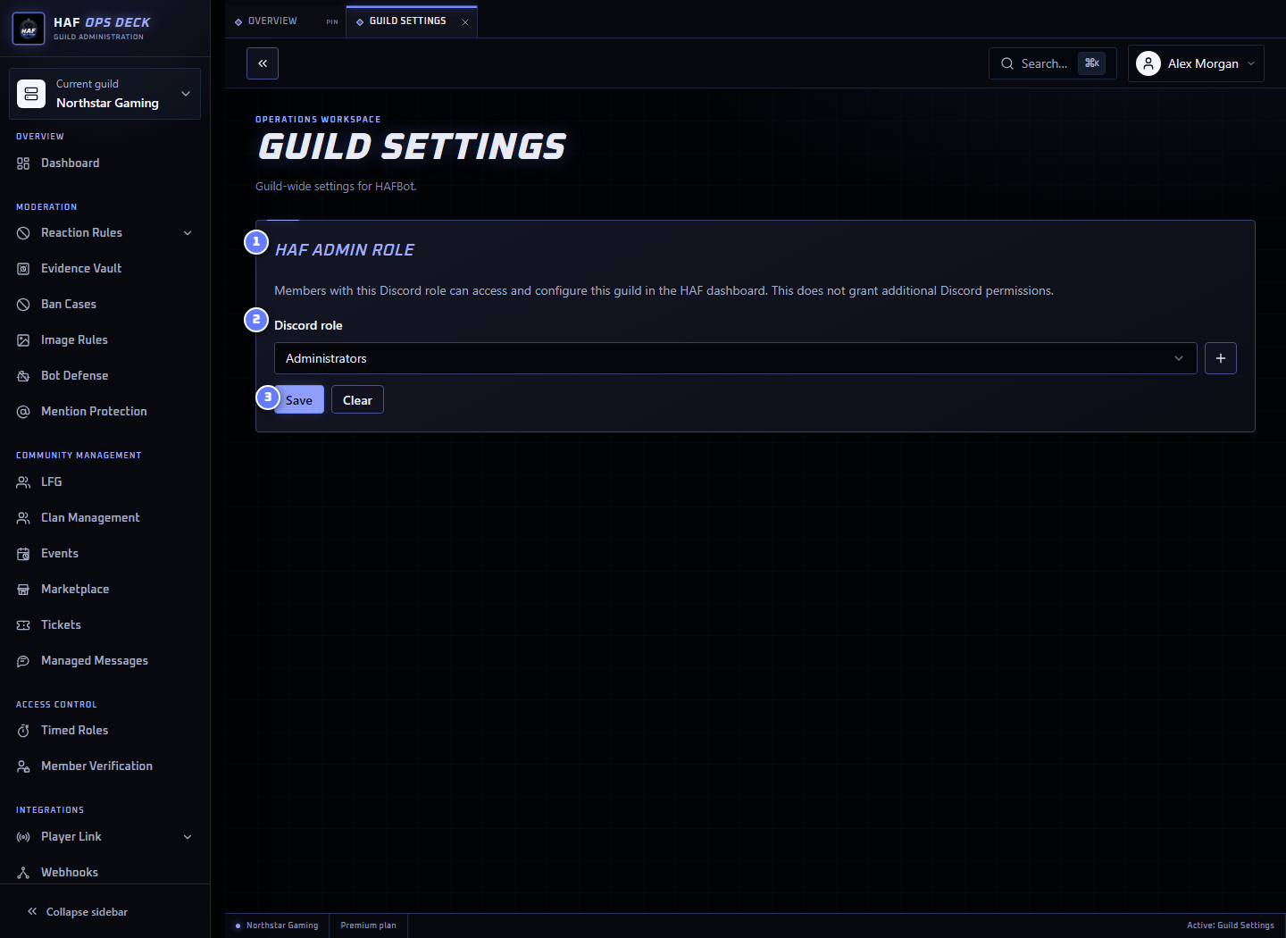 Guild Settings dashboard with the HAF administrator role controls numbered