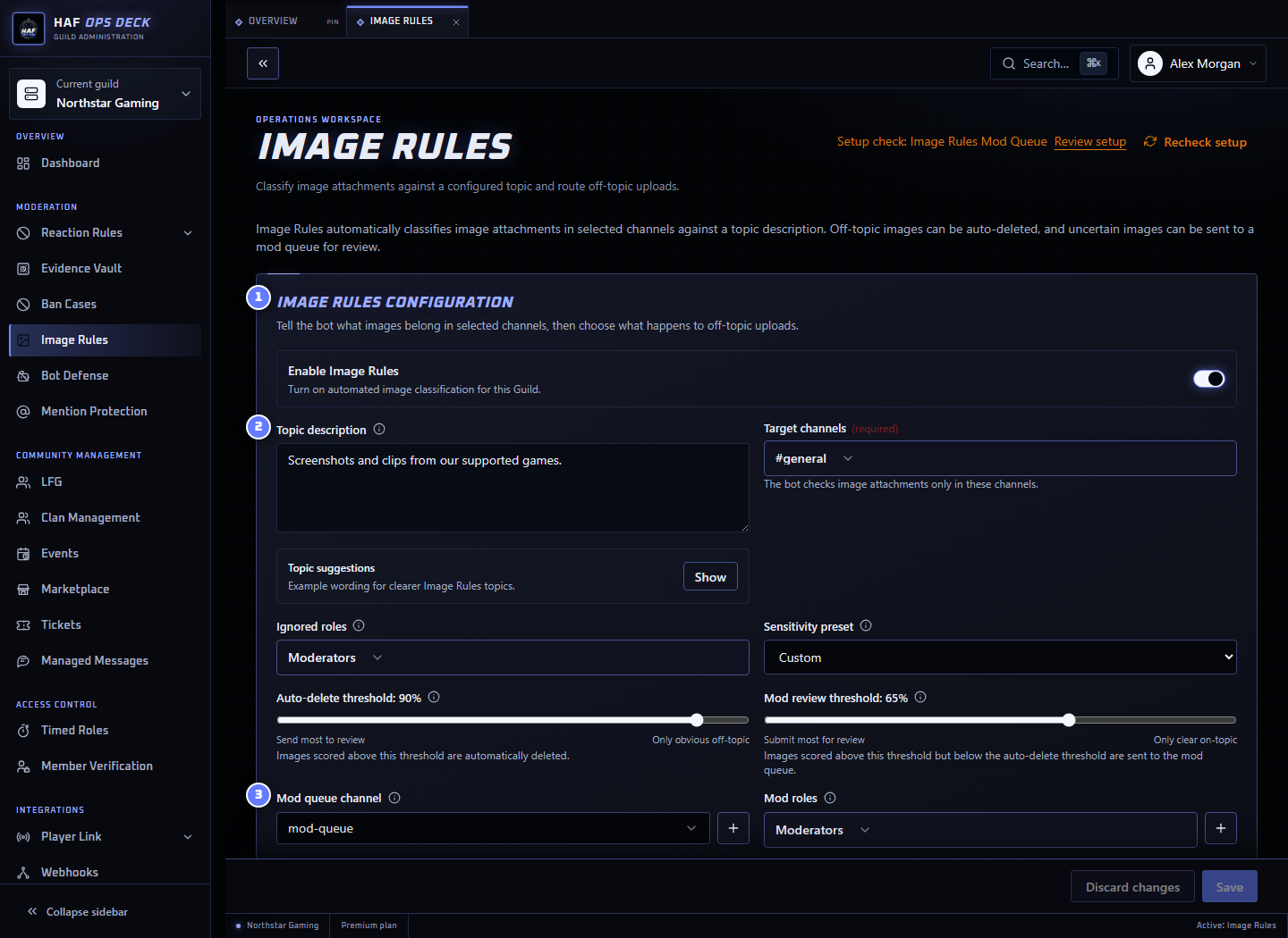 Image Rules dashboard with its topic and review queue settings numbered