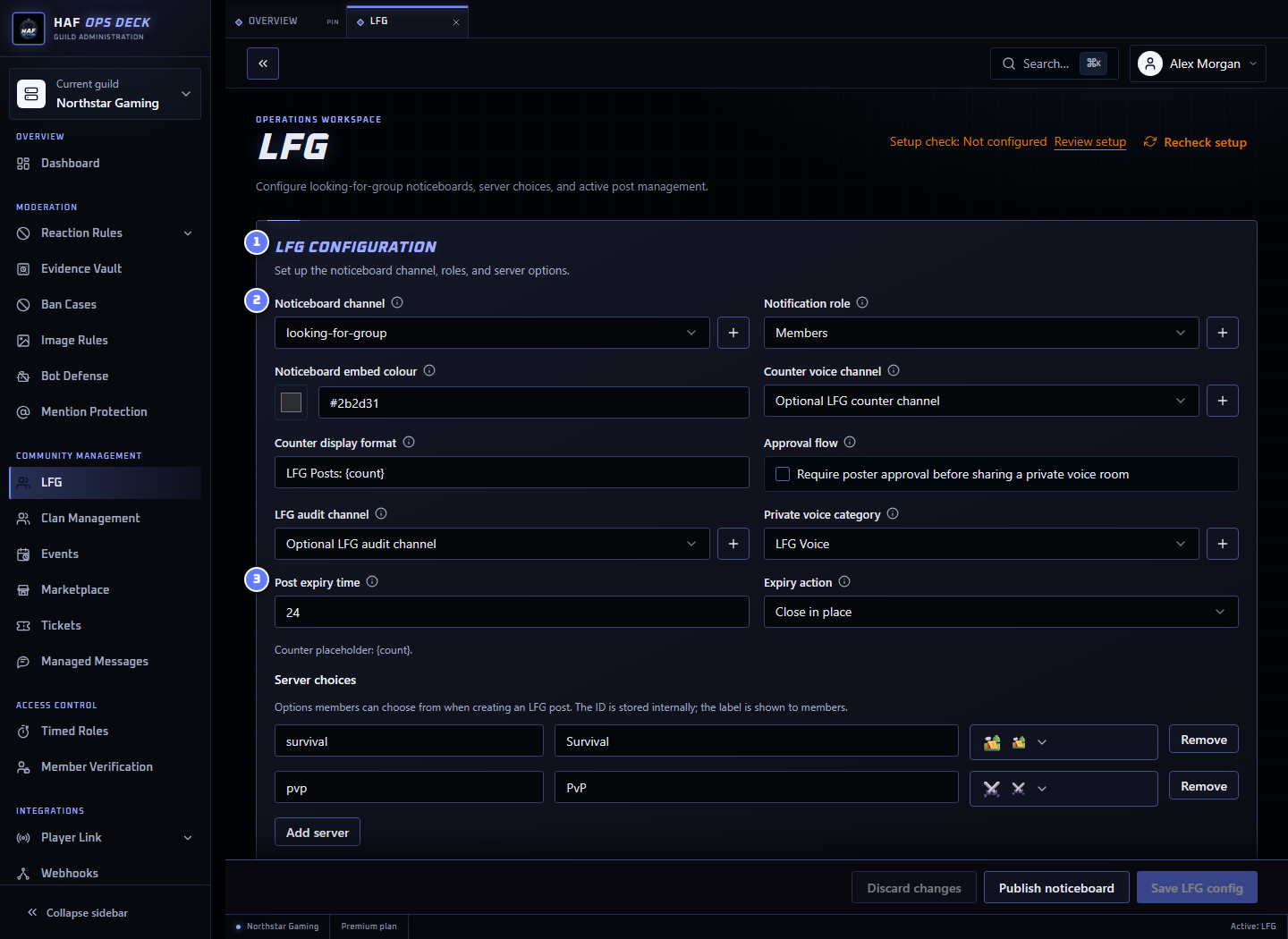 LFG dashboard with its noticeboard and expiry controls numbered