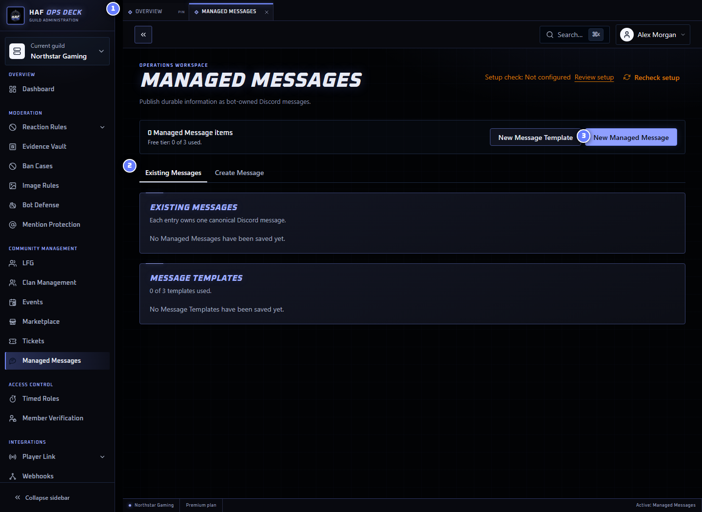 Managed Messages dashboard with the main views and creation action numbered