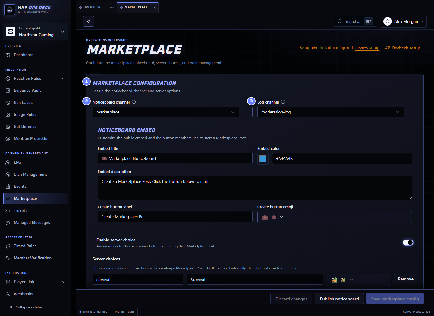 Marketplace dashboard with its main channel settings numbered