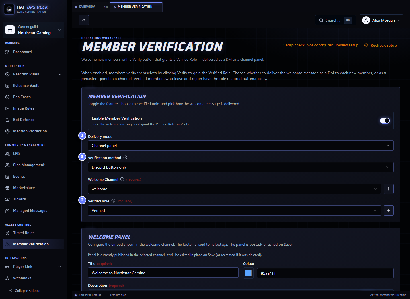 Member Verification dashboard with delivery, method, and role settings numbered