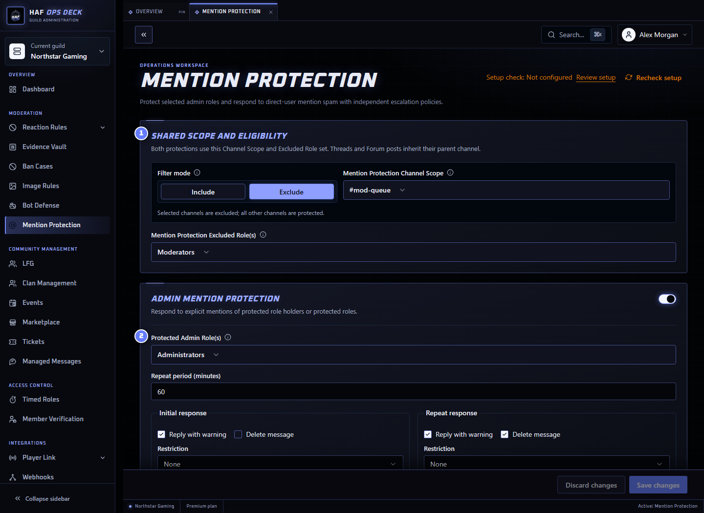Mention Protection dashboard with shared scope and thresholds numbered