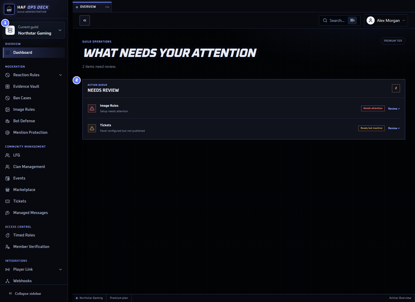 HAF Bot admin overview showing configuration status and recommended next steps
