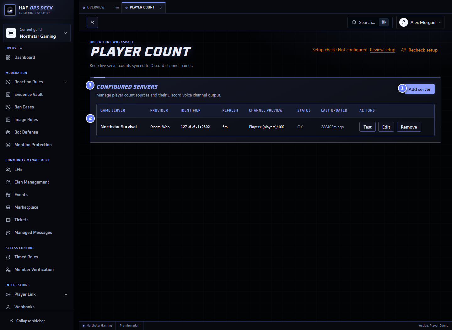 Player Count dashboard with server creation and configured-server areas numbered