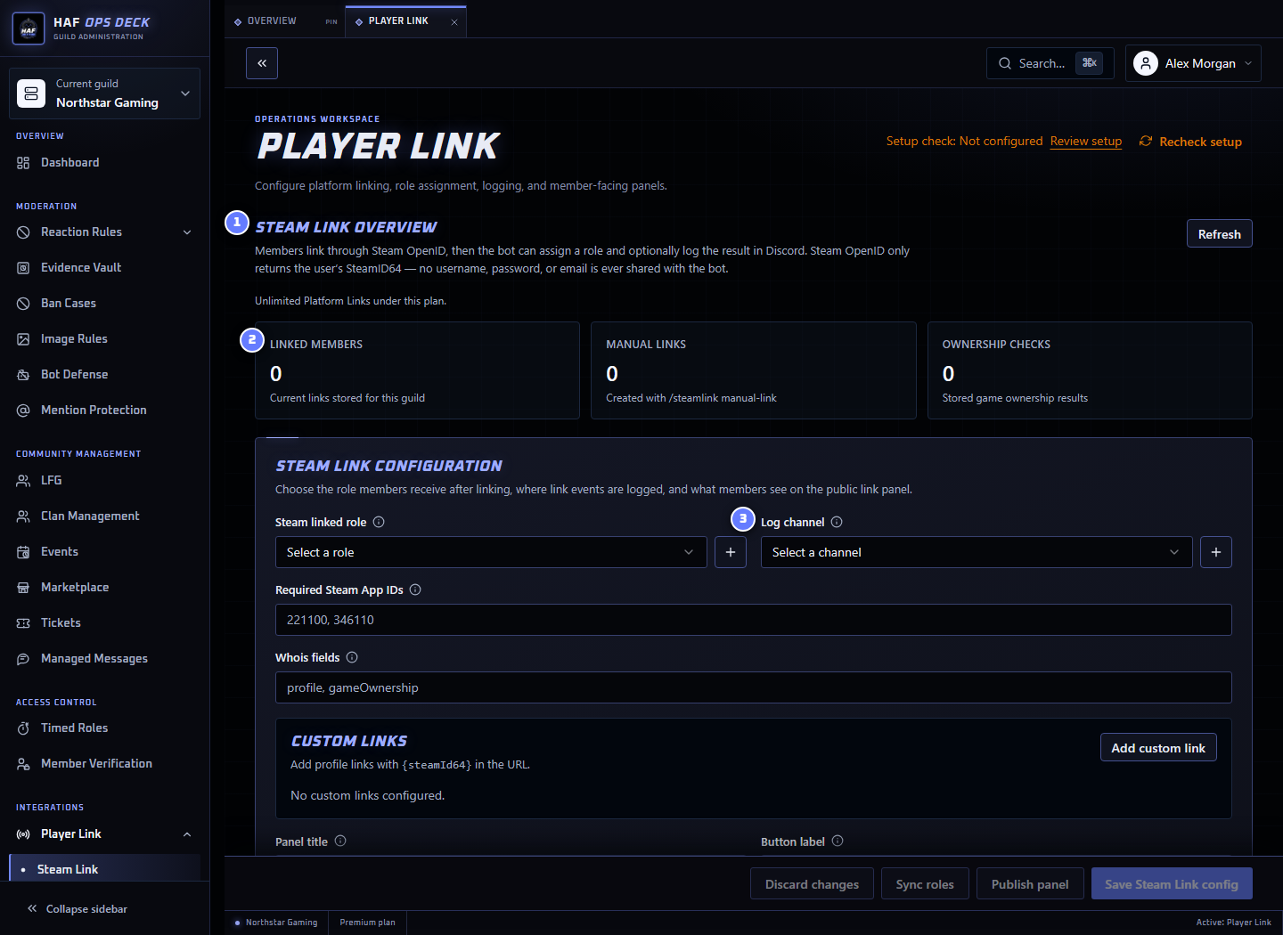 Player Link dashboard with platform configuration and link status numbered