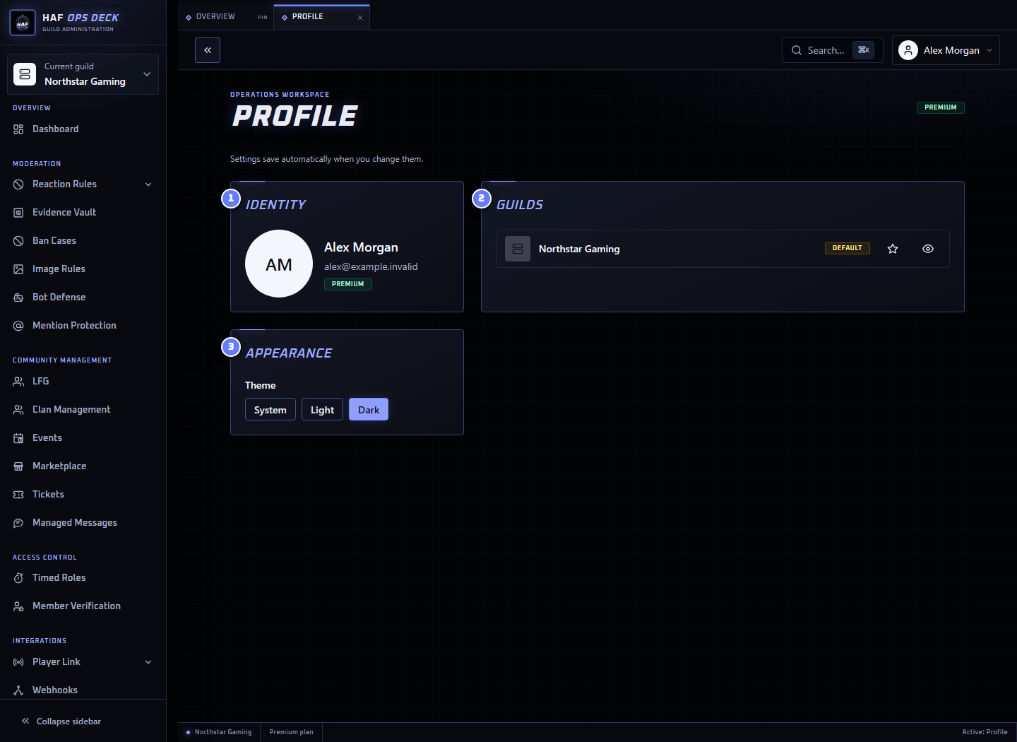 Profile dashboard with identity, Guild list, and appearance settings numbered