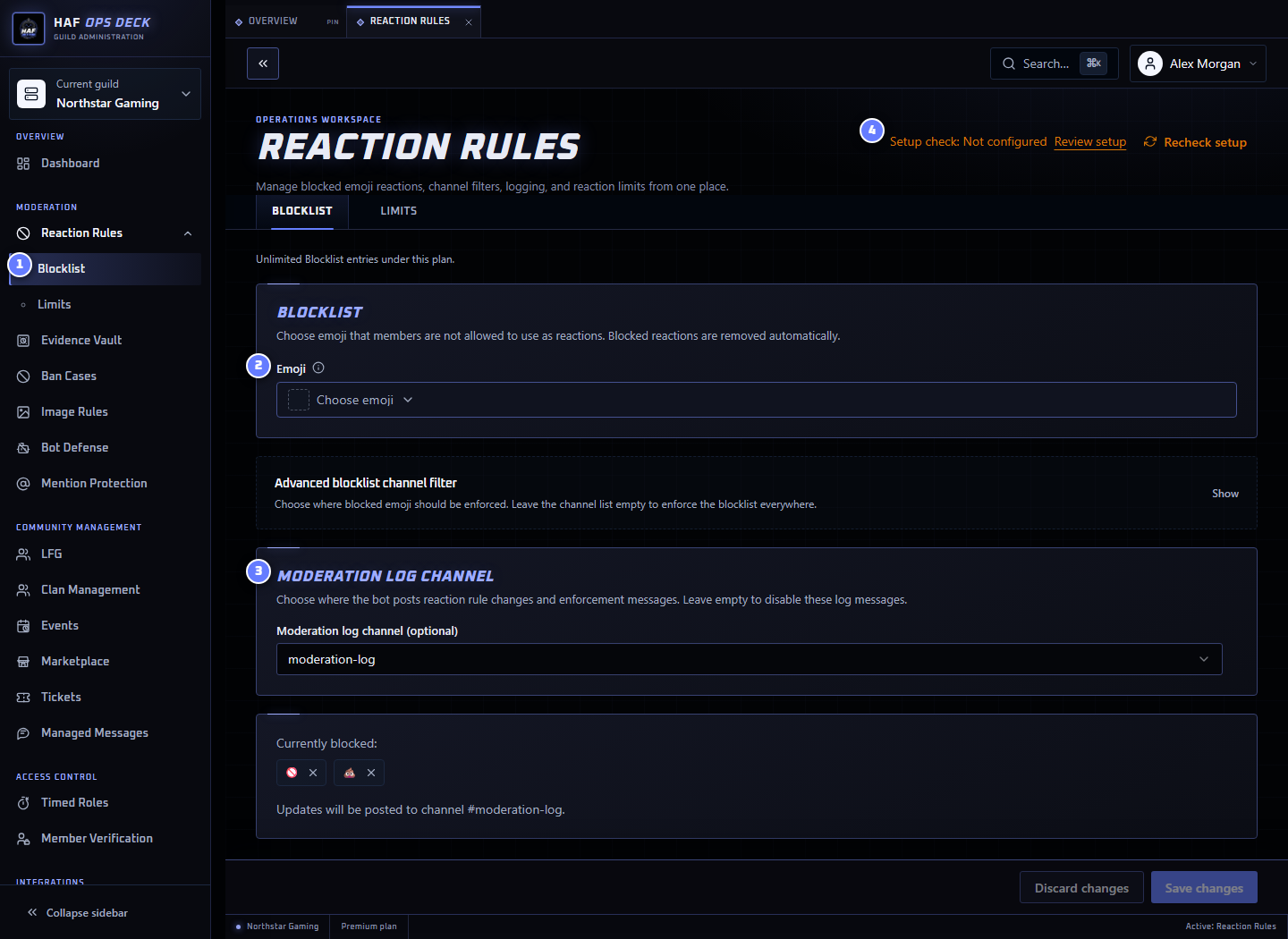 Reaction Rules dashboard with the main setup areas numbered