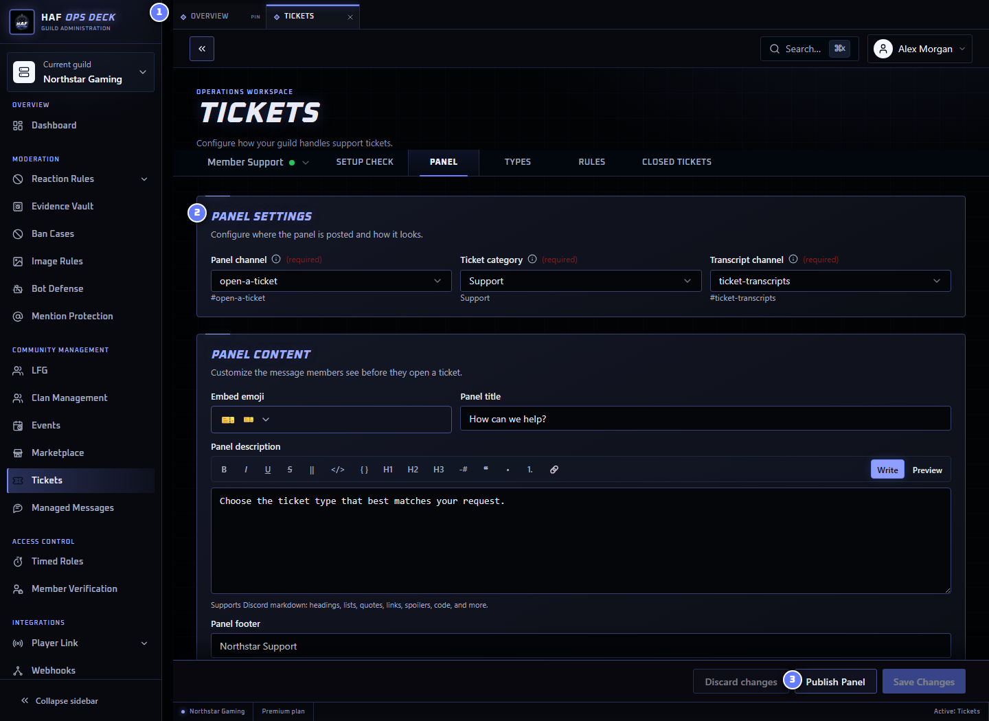 Tickets dashboard with its navigation, panel settings, and publish action numbered