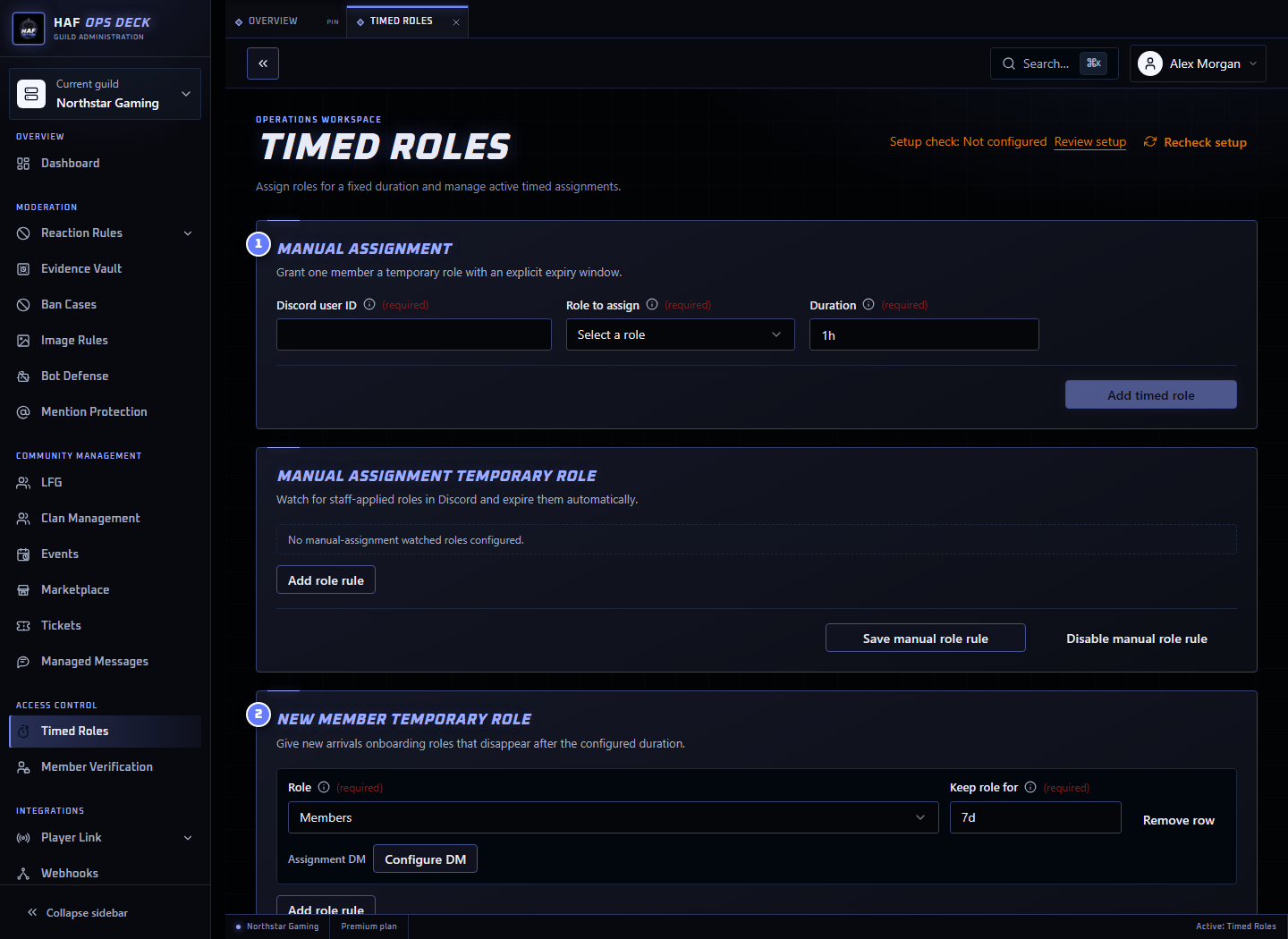 Timed Roles dashboard with assignment and automation areas numbered