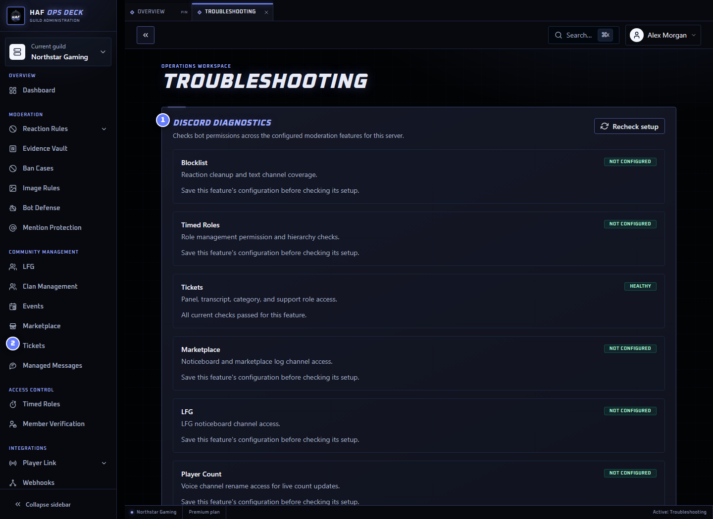 Troubleshooting dashboard with diagnostics and example feature results numbered