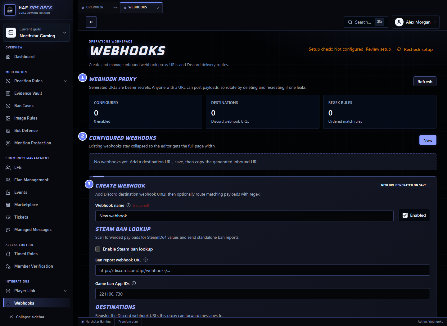 Webhooks dashboard with status, saved proxies, and creation areas numbered